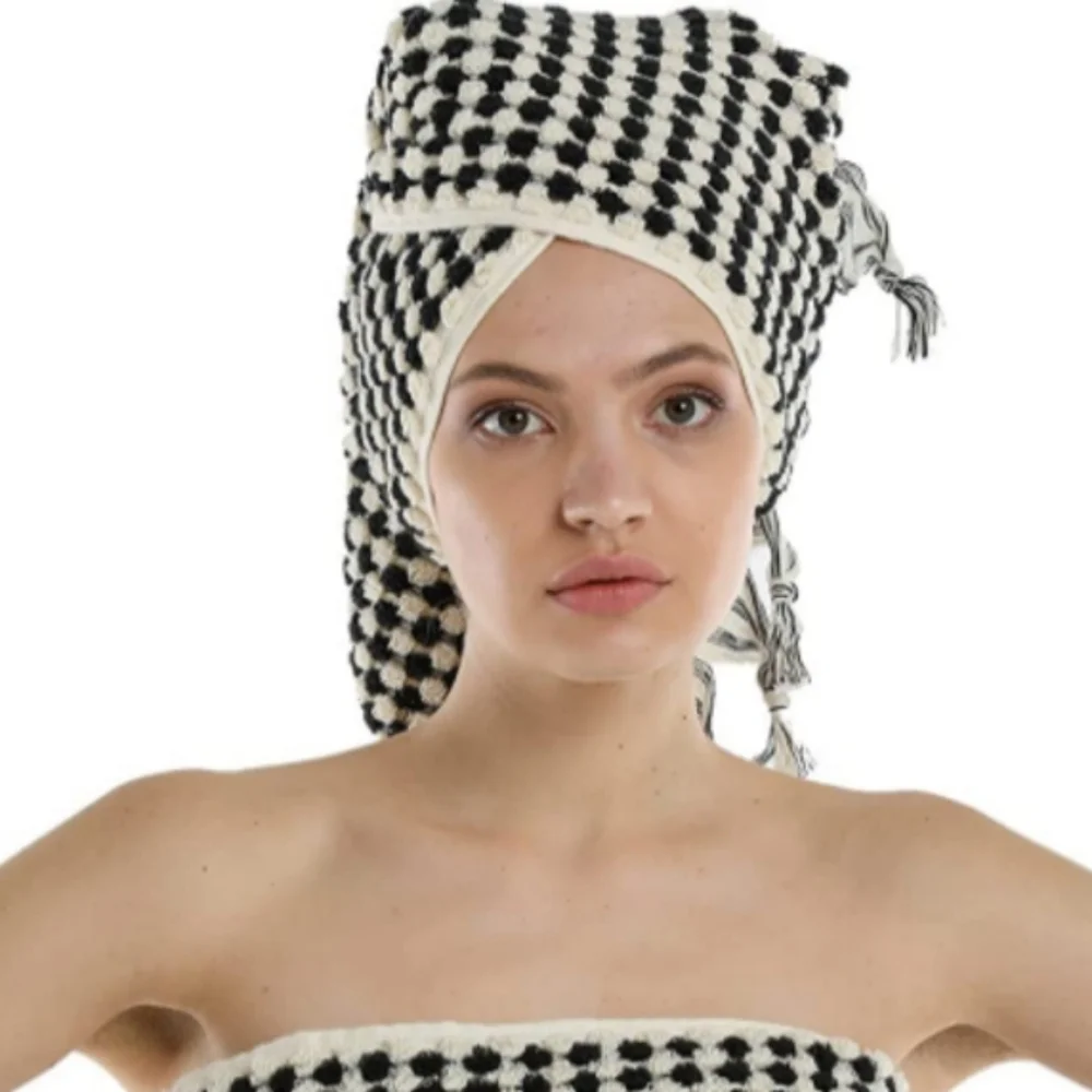 Turkish Spa Hair Peshtemal XL Hand Towel Black and Natural White Pom Pom Turkey